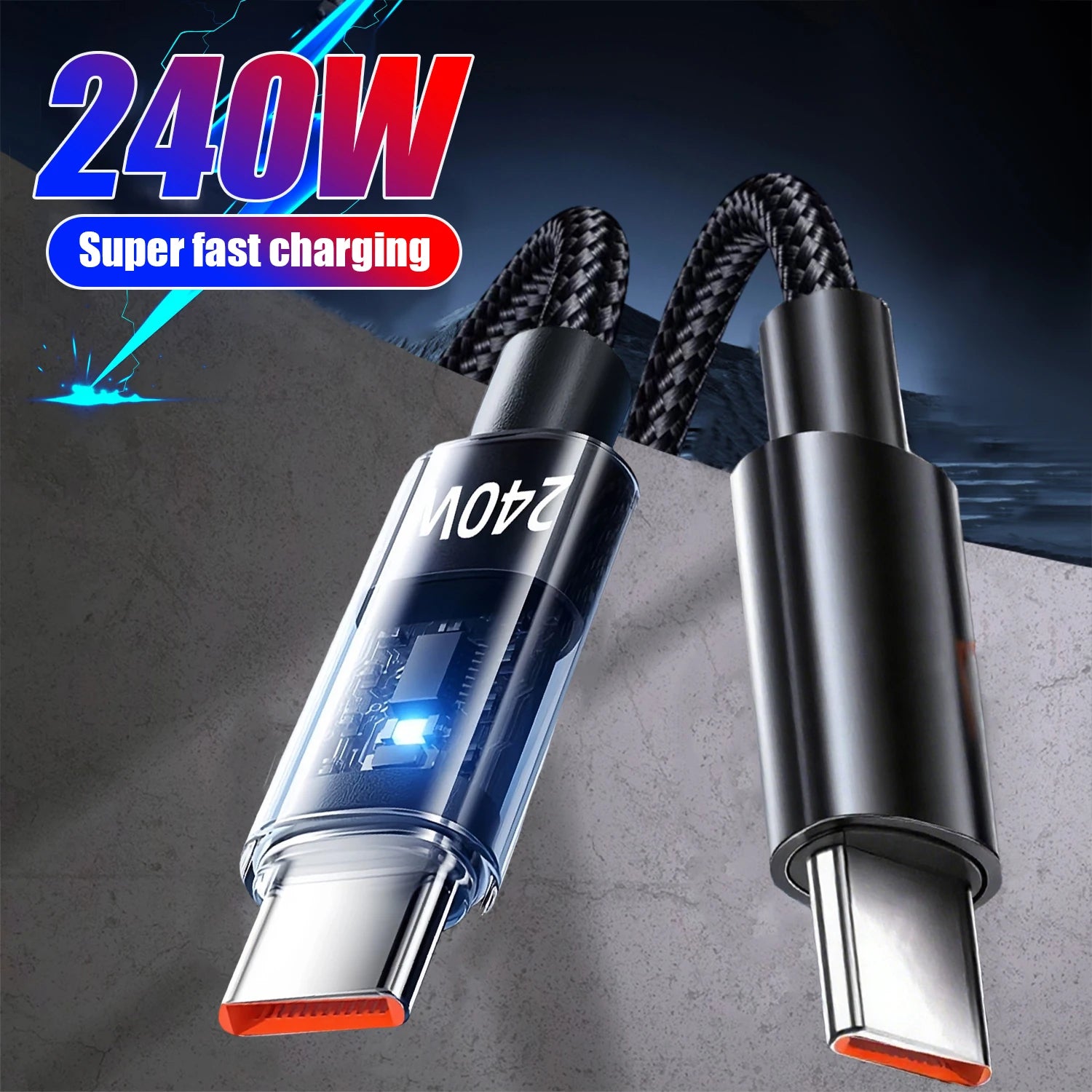 240W Nylon USB Type C Super Fast Charging Cable For Samsung Xiaomi Huawei Honor LED Digital Display USB C Charger Data Cord