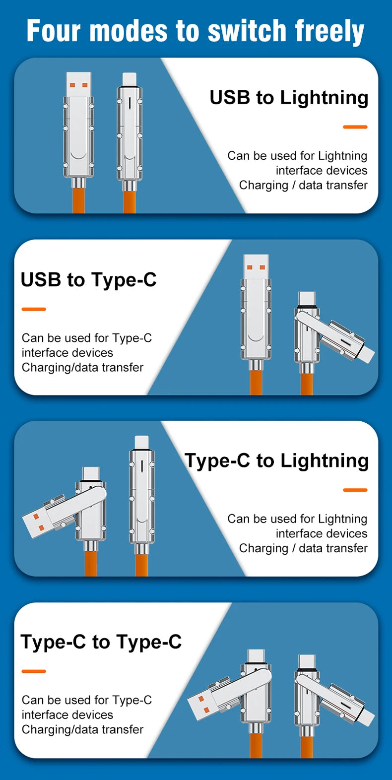 4 In 1 120W USB Type C to Type C IOS Cable 3 IN 1 PD 100W Fast Charging Data Cable for iPhone 11 12 13 14 15 Pro Max Samsung S24