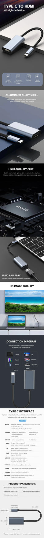 TYPE C to HDMI-Compatible 4K Adapter USB C USB3.1 Male to HDTV Female Converter Cable for Laptop Tablet TV MacBook