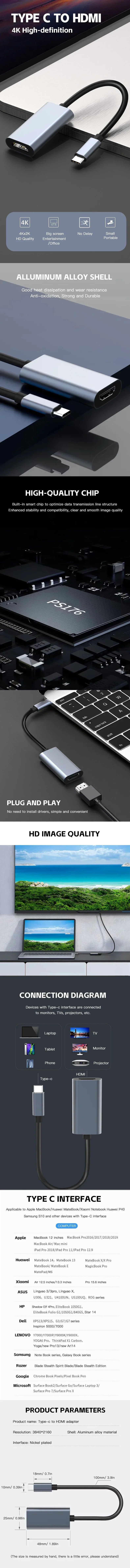 TYPE C to HDMI-Compatible 4K Adapter USB C USB3.1 Male to HDTV Female Converter Cable for Laptop Tablet TV MacBook